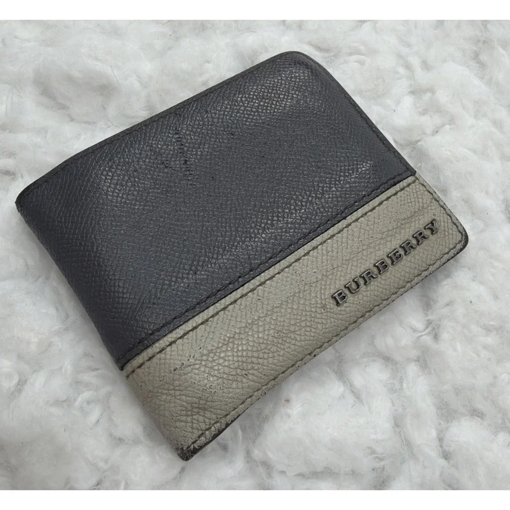BURBERRY Wallet Men Bifold Gray Leather Made In Italy Classic Two Tone Designer